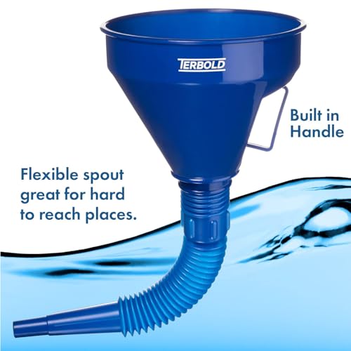 Image of Automotive Flex Funnel with Hose & Mesh Filter (2-Pack) - Wide Mouth Oil Funnel for Gas & Transmission Fluid - Color Coded Flexible Set for Garage & Emergency Kit (Black & Blue)