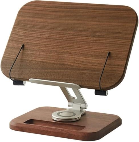 Juxkov 調節可能型教科書スタンド 木製 + アルミニウムフレーム ページクリップ付き 読書・クックブック・本棚兼用 ブックホルダー