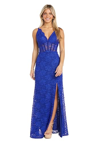 Image of Long Lace Corset Gown W /Illusion Scallop Bodice, Spaghetti Straps & High Slit
