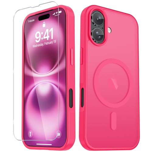 Image of YENAPOON for iPhone 16 Plus Case, Matte Magnetic Phone Cover [with 1 Screen Protector] [Support for MagSafe] [Shockproof Military Grade Protection] Translucent Frosted Back, Hot Pink