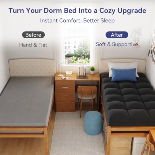Image of ELEMUSE Twin XL Black Mattress Topper for Dorm Bed, College Dorm Room Essentials for Girls&Guys, Soft Comfortable Bed Upgrade for Back to School, Apartment&Rental Use