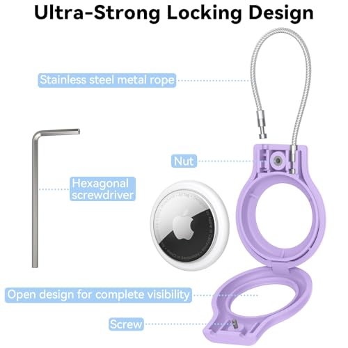 Image of Meliya at Holder for Apple at Secure Holder with Wire Cable, 4 Pack Air Tag Lock Case Keychain Key Ring Key Chain Luggage Tag for Keys, Luggage & More - Purple
