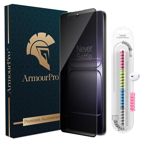 Image of ArmourPro Privacy Tempered Glass for Oneplus Nord CE 5, Anti Spy Anti Peeping Screen Protector, Edge-to-Edge Full Coverage, 9H Hardness with Cable Protector | Black
