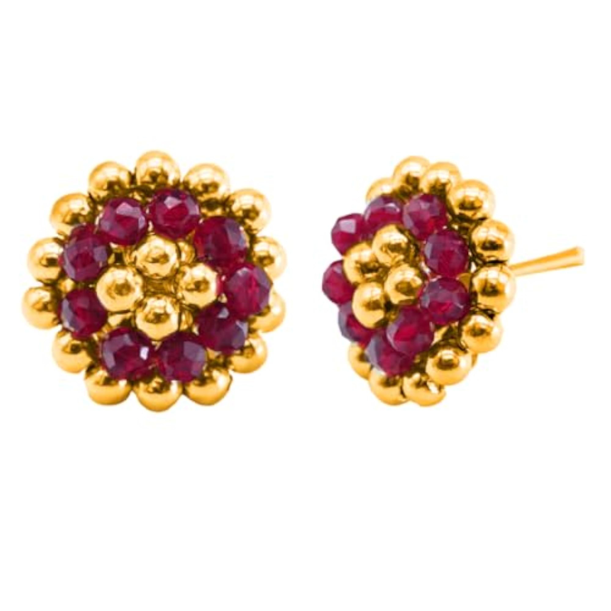 Women's 22KT Yellow Gold Thushi Stud Earrings, Red Bead Design
