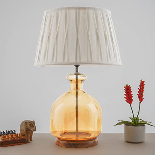 Image of Alper Mini Amber Luster Glass Table Lamp with White Cotton Shade | Modern Designer Bedside & Living Room Decorative Table Light (Bulb Included)