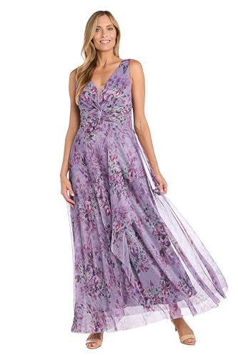 Image of R&M Richards Women's Pleated Sheer Knit Floral Maxi Dress W /Ruched Waist & Cascade Detail