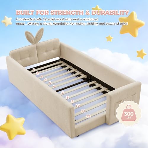 Image of Twin Size Bed Frame for Kids, Upholstered Daybed Frame Floor Bed with Safety Rails and Storage Pocket Cute Rabbit Ear Shaped Headboard for Kids Teens Boys Girls, Camel