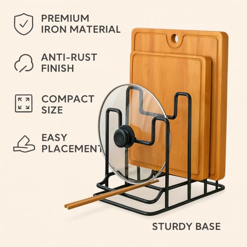 Image of Pan & Pot Lid Organizer Rack - Multifunctional Cookware for Cabinet, Pantry Chopping Board Holder, Space-Saving Kitchen Organizer, Black (L-6.25 x W-9.25 x H-9.25 Inches M-RACK)