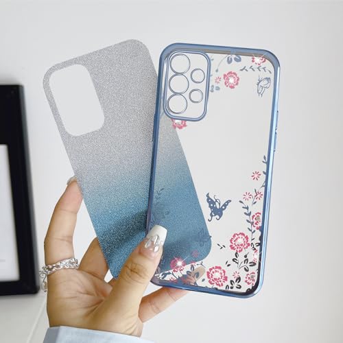 Image of for Samsung A52 Phone Case, for Samsung A52 Case for Women Gradual Change Glitter Crystal Soft TPU Stylish Butterfly Floral Heart Clear Protective Cover with Strap for Galaxy A52 (Blue)