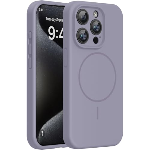 Image of Miracase Magnetic for iPhone 15 Pro Case, [Soft Anti-Scratch Microfiber Lining], Compatible with MagSafe, Liquid Silicone Shockproof Drop Protection Phone Case for 15 Pro, Lavender Gray