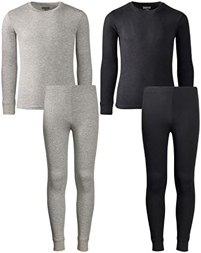 Only Boys Thermal Underwear Set – Boys Winter Base-Layer Long Johns Waffle Knit Thermal Top and Pant (2 Full Sets), Black/Heather Grey, Size X-Large/16
