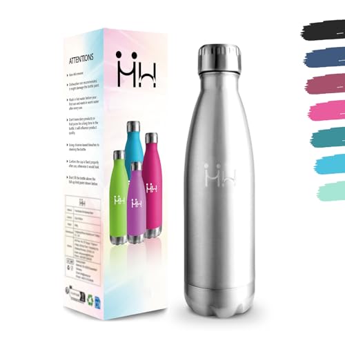 Botella Agua Acero Inoxidable, 500 ml Libre de BPA, Botella Termica, 18/8 Acero Inoxidable, Botellas Agua, Aislamiento al Vacío de Boble Pared, Botellas Isotermica para Escuela - Color Verdadero