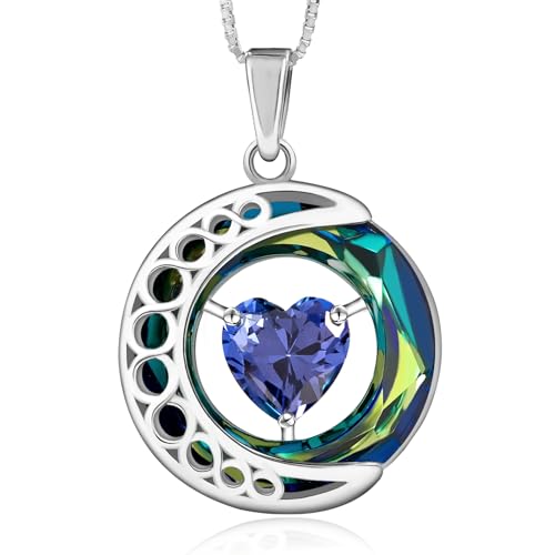 Celestial Moon Necklace – Sterling Silver Necklace with crystal ring 'I Love You to the Moon and Back' Secret Engraving | Personalized Birthstone Gift for Her Birthday, Anniversary