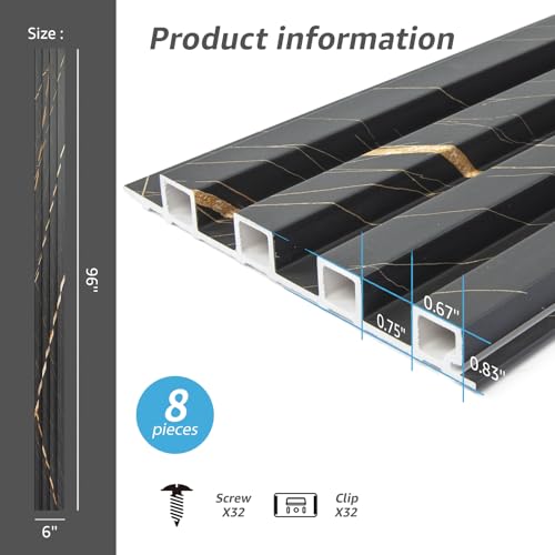 Art3d 8-Pack WPC Slat Panel for Interior Decor, Decorative Fluted Accent Wall Covering for Living Room Bedroom TV Background Office, 96 x 6 Inch - Granite