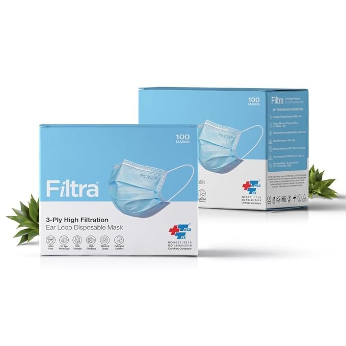 Filtra® 3-Ply Ear Loop Surgical Mask Blue, BFE>99% (Pack of 100 Nos.) | High Filtration | Breathable | Hypoallergenic | Ergonomic | Fluid Repellent | 2 Boxes of 100 Masks (B0DDHDBQCW) Amazon Price History, Amazon Price Tracker