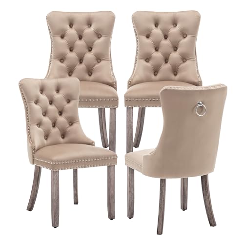 Image of Velvet Dining Chairs, Tufted Kitchen & Dining Room Chairs, Khaki, Set of 4