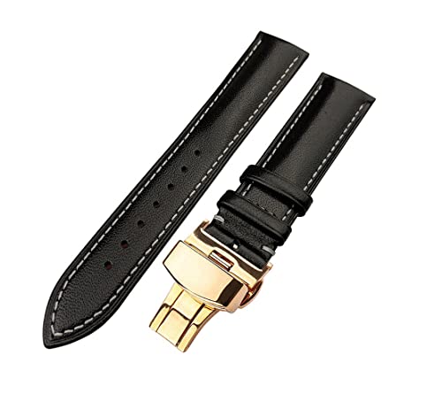 Image of 18mm 19mm 20mm 21mm 22mm 23mm 24mm Genuine Leather Butterfly Deployment Clasp Buckle Watch Band Strap Black Dark Brown TAN Blue Rose Black Gold White