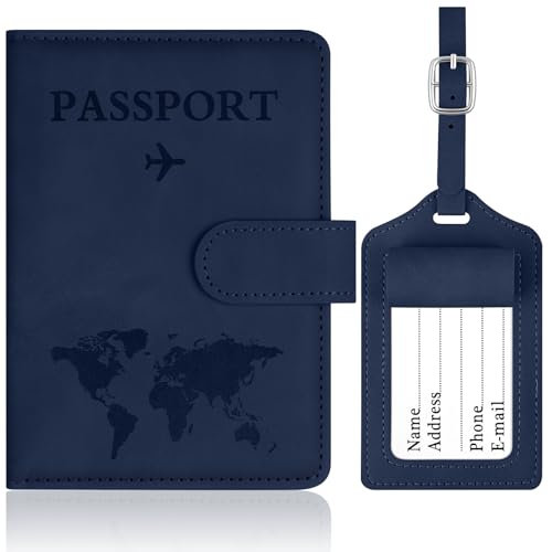 OFFCUP Custodia per Passaporto, Custodie Porta Passaporto con Blocco RFID, Custodia Passaportos con Etichetta Valigia in Pelle PU per Carte d'Identità Carte di Credito, Passaportos Pass (Blu scuro)