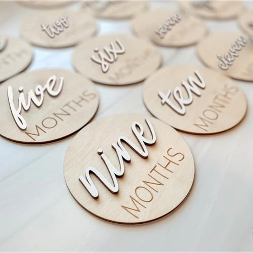 Image of eoscasely Baby Monthly Milestone Markers Disc, Wooden 3D Milestone Cards for Photos, Baby Announcement Sign, 1-12 Months, wooden baby milestone sign (White)