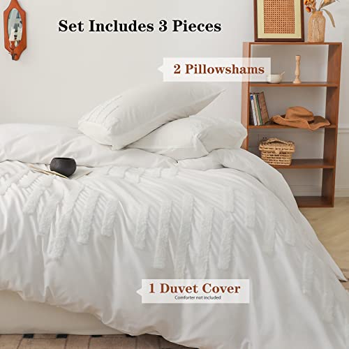 Simple&Opulence 100% Cotton Boho Tufted Duvet Cover Set, 3Pcs Textured Embroidery Comforter Cover Set -1 Duvet Cover&2 Pillowcases, Jacquard Shabby Chic Farmhouse Bedding For All Season(White, King) #TOP19