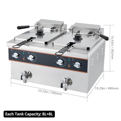 GarveeHome High-End Tabletop Fryer with Oil Drain Valve, Double-Cylinder, 16L Oil Capacity, 120V, 1800W+1800W, Timer, 201 Stainless Steel Frying Basket
