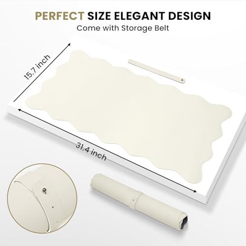Image of PU Leather Desk Pad, Scalloped Non-Slip Mouse Pad & Large Desk Mat Cover Stitched Edges Writing Pad for Office, Home - Waterproof, Easy to Clean, Durable Surface I 31.4 inchx15.7 inch, Off-White