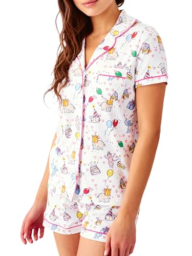 Image of Womens Y2k Preppy Pajamas Set, 2 Piece Button Down Monkey Beach Shorts Set Holiday Vacation Loungewear Pjs for Jammies Back to School Party Birthday Gifts(Birthday, X-Small)
