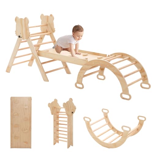 Image of Pikler Triangle Set for Toddlers 7in1 Foldable Climbing Toys for Kids ,Wooden Montessori Climb Set with Arch&Ramp&Ladder Baby Climbing Gym Toys 3+Years
