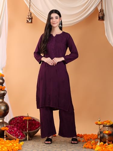 Image of POSHAK CHIKAN STUDIO Women's Hand Embroidered Lucknowi Chikankari Rayon Co-ord Set