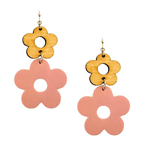 Wood Leather Daisy Dangle Earrings 2’’. Fashion Lightweight Earrings