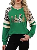 Quatrefox Sweatshirt Damen Baumwolloberteile Langarm Patchwork Kontrast Leoparden Shirt Frauen Lässige Baumwolle Oberteile Rundhals Farbblock Pullover für Herbst Frühling und Winter