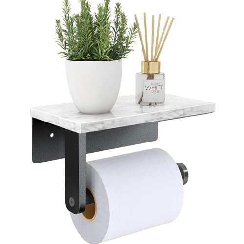 Marble Toilet Paper Holder with Shelf, Wall Mounted Bathroom Tissue Roll Holder, Metal Frame with White Marble Shelf (Black)