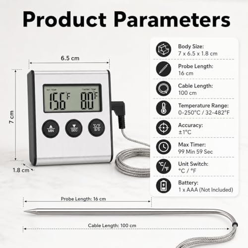 Uadme Digital Meat Thermometer with Long Probe and Timer Alarm - Image 2