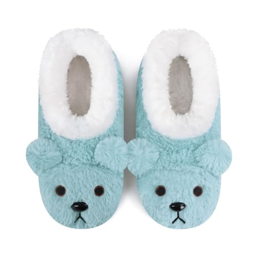 Snoozies Slipper Socks Animal Furry Cozy, Foldable Slippers for Women, Non Slip for Travel & Indoors (BLBEAR|Med)