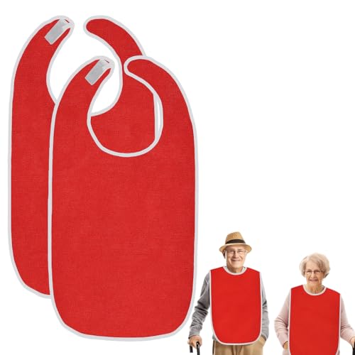 Anrbb 2 Baberos para Personas Mayores, 75 x 45cm Lavables Baberos, Reutilizables para Adultos Mayores y Personas Discapacitadas y Pacientes (Rojo)