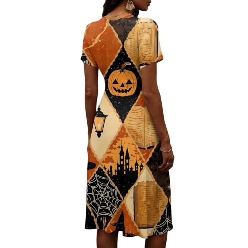 Robe midi imprimé citrouille araignée col V à manches courtes fluides - 4