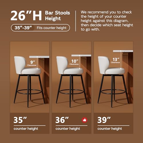 Image of 26 inch Cream White Bar Stools Set of 2, Swivel Kitchen Island Chairs