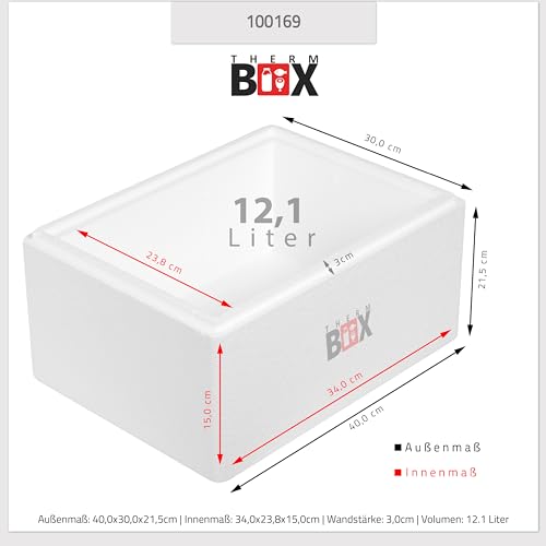 Foto von THERM BOX Styroporbox 12W Innen: 34x23x15cm Wand: 3cm Volumen: 12,24L Isolierbox Kühlbox Warmhaltebox Wiederverwendbar
