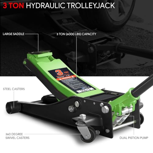 Image of PM PERFORMOTOR Low Profile Hydraulic Trolley Service /Floor Jack, 3 Ton (6000 lbs) Capacity, Lifting Range 3 inch-20 inch,Green,PM-TOL-FJ30-GR