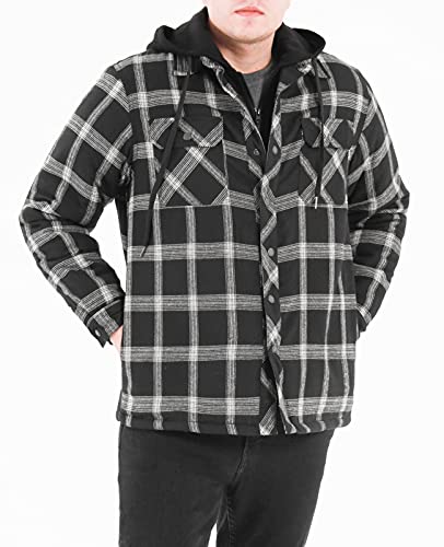 Zenthace Men's Thicken Plaid Hooded Flannel Shirt Jacket With Quilted Lined Black L #TOP2