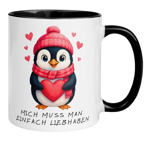 Pinguin Tasse mit Spruch | Mich muss man einfach liebhaben | Lustige Kaffeetasse Winter Geschenk | Witziger Geschenke Becher Freund Freundin Mann Frau – Liebesdesign