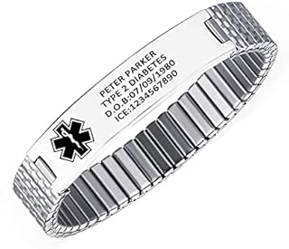 VNOX Personalized Medical Bracelet for Men, Free Custom Stainless Steel Medical Alert ID Bracelets Emergency Identification Stretch Wristband for Mens Boys