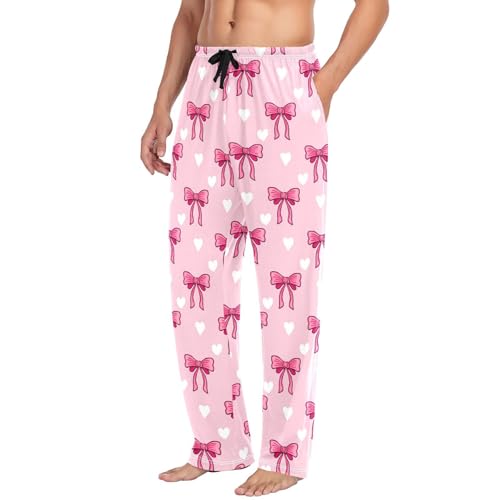 Men's Cute Pink Bows Pajama Pants with Pockets - Straight Fit Cotton Sleep Bottoms for Lounge & Nightwear#354
