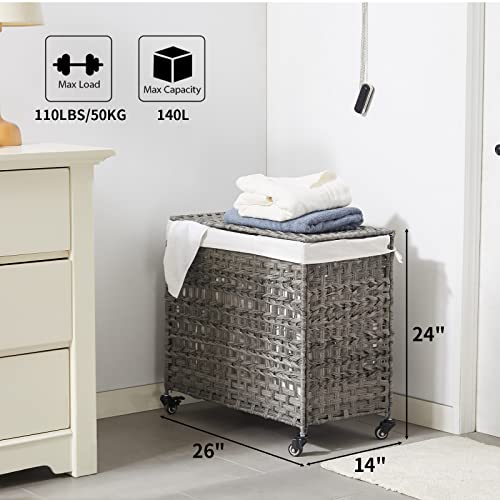Fiona's Magic 140L Large Laundry Basket With Wheels, Laundry Hamper With Lid And Removable Bags, Dirty Clothes Hamper 3 Section For Bedroom, Handwoven Rattan Wicker, Grey #TOP1