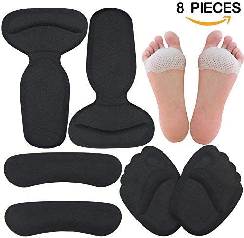High Heel Pads (8 pcs) - High Heel Inserts, Heel Shoe Inserts, Heel Grips, Heel Cushion Inserts, Metatarsal Foot Pads, Heel Snugs for Women - Blister Prevention & Improve Shoes Too Big (Black)