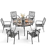 PHI VILLA 7 Pieces Outdoor Round Dining Set for 6, Wrought Iron Dining Circular Table with Umbrella Hole & Stackable Metal Steel Chairs, Large Dining Furniture Set for Patio, Deck, Yard, Porch