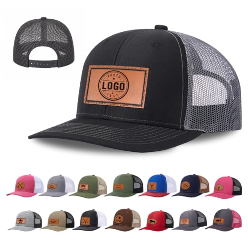 Image of Custom Hats for Men and Women, Personalized Baseball Cap with Leather Patch | Design Your Own Hat with Logo, Photo or Text, Breathable Mesh Back, Adjustable Customized Trucker Hats for Adults