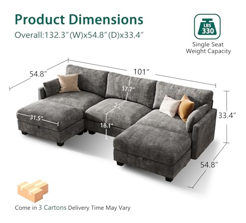Image of Modular Sectional Sofa, 101 inch U Shaped Couch with Storage | High Resilience Foam, 22 inch Seat Depth, Movable Ottoman, Comfy Chenille, Easy Assembly, Dark Gray