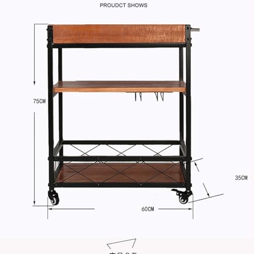 Carrito de servicio vintage de 3 niveles con ruedas de bloqueo de madera y metal para cocina 2