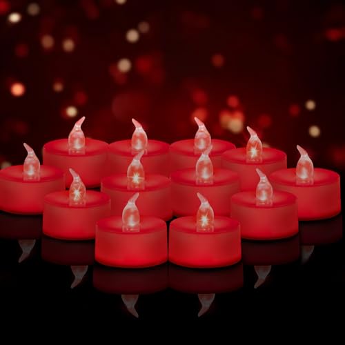 Image of Tea Lights Battery Operated Candles LED Tea Lights Flameless Candles 200+ Hours Flickering Fake Tealights for Sweetest Day Wedding Home Decorations Party (Red Base, 12 Pack)